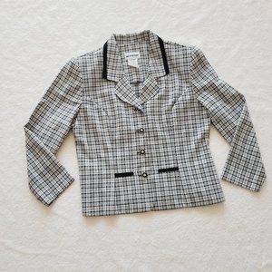 Vintage Coquette Black White Plaid Button Trim Detail Shoulder Pad Office Blazer